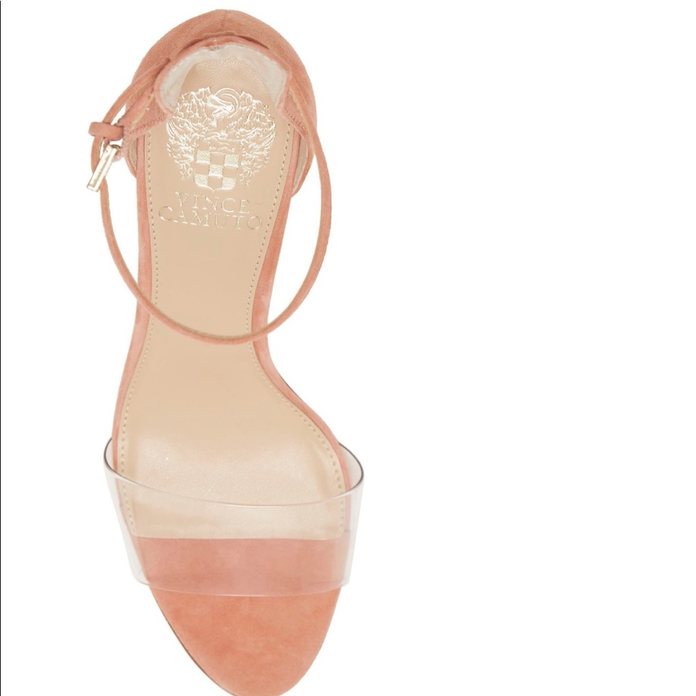 Vince Camuto ankle strap heels- pink suede with clear strap- size 7 1/2